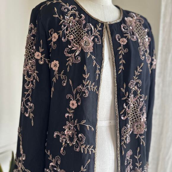 Draper’s & Damon’s Women’s 14 Jacket Black Rose Gold Silk Beaded Evening Glam - Picture 3 of 3